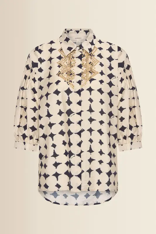 Blouse met donkerblauwe print