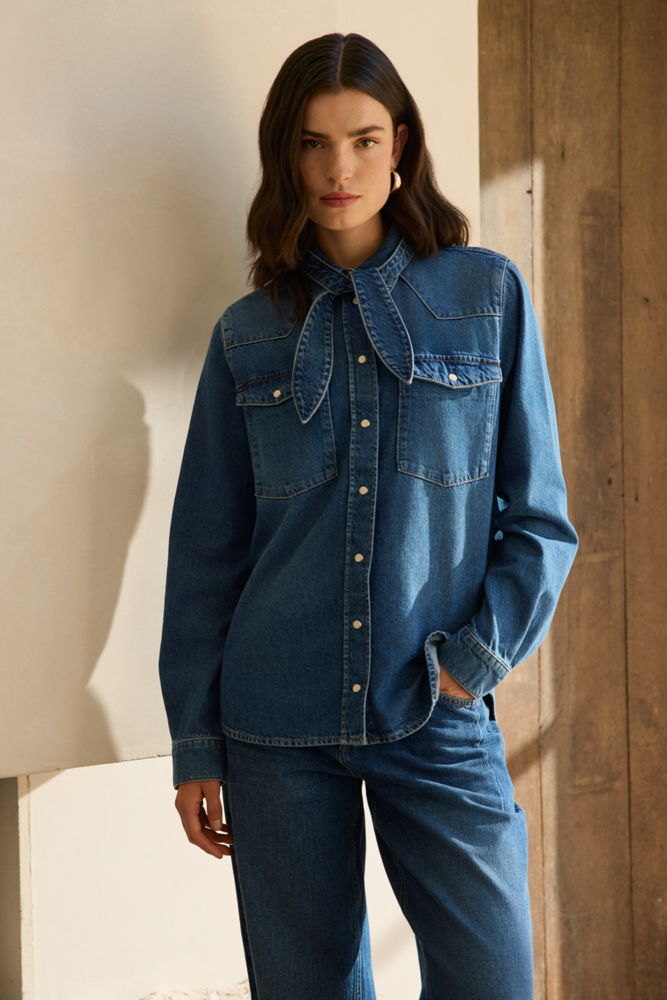Denim blouse met strikdetail